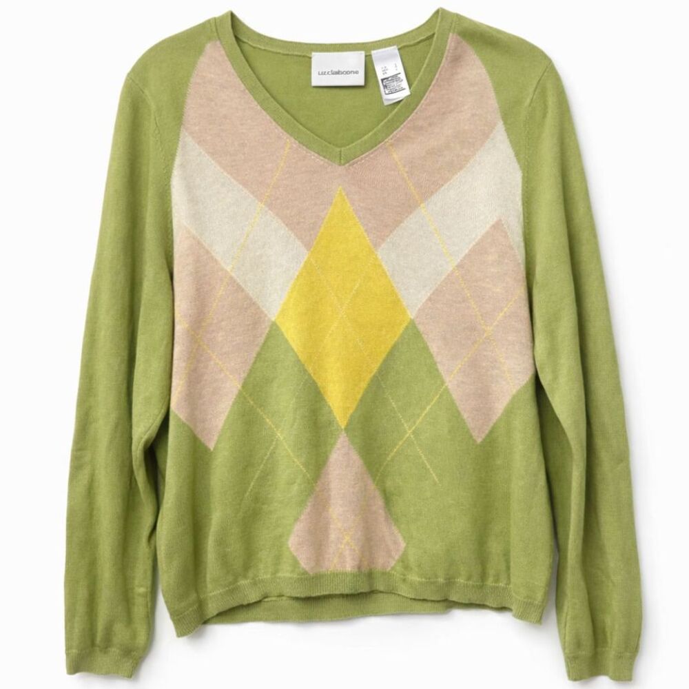 Liz Claiborne Argyle Sweater Womens Large Green Rabbit Hair Blend Soft Academia